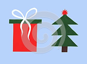 Christmas collection of flat icons. A set of 2 items for Christmas decoration: a gift and a Christmas tree. Bright red with green