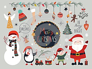 Christmas collection with seasonal elements, Santa and snowman