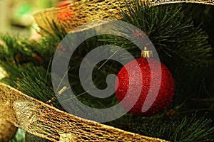 Christmas color background. Christmas balls on the tree.