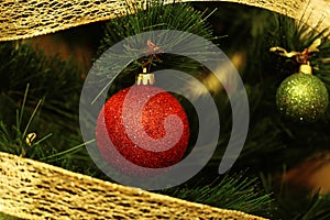 Christmas color background. Christmas balls on the tree.