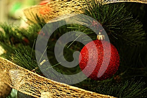 Christmas color background. Christmas balls on the tree.