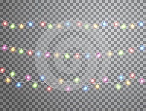Christmas color garland lights isolated on transparent background. Led neon lamp decoration. Glow colored bulb. Bright
