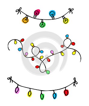 Christmas color lights isolated on white background. Bright colored garland decoration. Vector illustration.