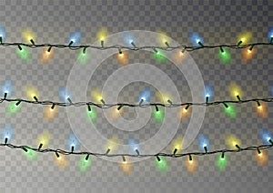 Christmas color lights string. Transparent effect decoration isolated on dark background. Realistic