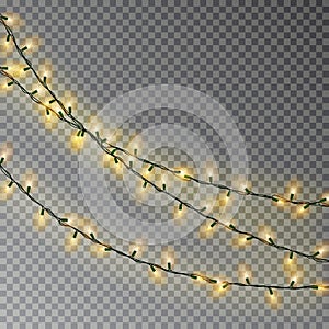 Christmas color lights string. Transparent effect decoration isolated on dark background. Realistic