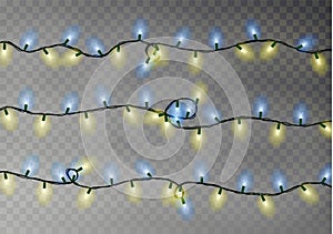 Christmas color lights string. Transparent effect decoration isolated on dark background. Realistic