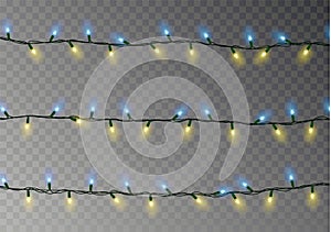 Christmas color lights string. Transparent effect decoration isolated on dark background. Realistic