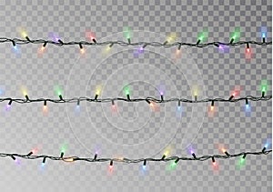 Christmas color lights string. Transparent effect decoration isolated on dark background. Realistic