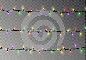 Christmas color lights string. Transparent effect decoration isolated on dark background. Realistic