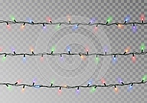 Christmas color lights string. Transparent effect decoration isolated on dark background. Realistic