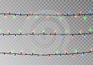 Christmas color lights string. Transparent effect decoration isolated on dark background. Realistic