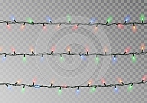 Christmas color lights string. Transparent effect decoration isolated on dark background. Realistic
