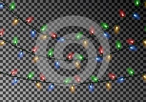 Christmas color lights string. Transparent effect decoration isolated on dark background. Realistic