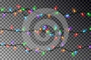 Christmas color lights string vector. Transparent colorful effect decoration isolated on dark backgr