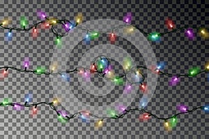 Christmas color lights string vector. Transparent colorful effect decoration isolated on dark background. Realistic Christmas garl