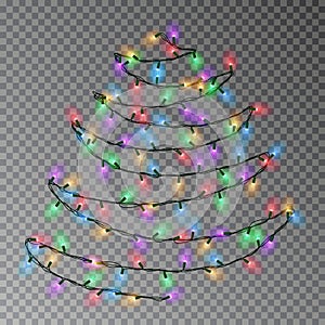 Christmas color tree of lights string hanging on wall. Transparent effect decoration isolated on dar