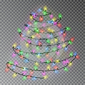 Christmas color tree of lights string hanging on wall. Transparent effect decoration isolated on dar