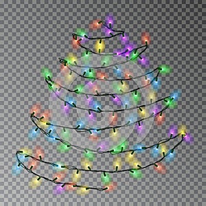 Christmas color tree of lights string hanging on wall. Transparent effect decoration isolated on dar