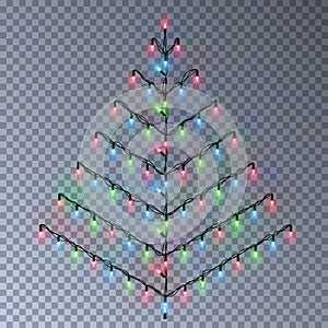 Christmas color tree of lights string. Transparent effect decoration isolated on background. Realist