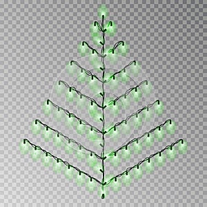 Christmas color tree of lights string. Transparent effect decoration isolated on background. Realist