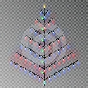 Christmas color tree of lights string. Transparent effect decoration isolated on background. Realist