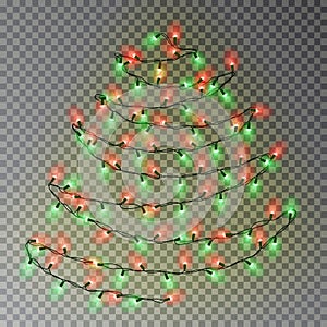 Christmas color tree of lights string. Transparent effect decoration isolated on dark background. Re