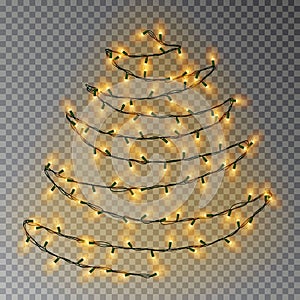 Christmas color tree of lights string. Transparent effect decoration isolated on dark background. Re