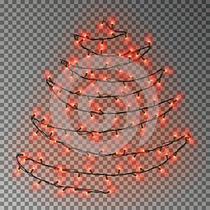 Christmas color tree of lights string. Transparent effect decoration isolated on dark background. Re