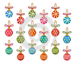 Christmas colored balls, glass decorative tree toys icon set. Holiday Xmas decoration. Round New year baubles with bows. Vector