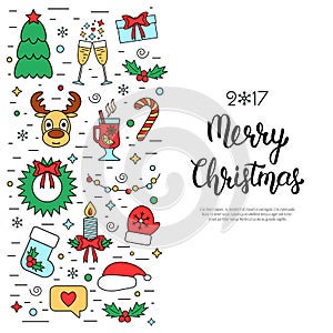 Christmas colored isolated concept, flyer, card with traditional attributes in line style with hand lettering inscription.