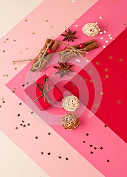 Christmas  colorful background with a graphic pattern, with snowflakes, Christmas decorations, wooden toys, cinnamon, stars and