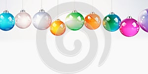 Christmas colorful balls transparent glass hanging on white background. Banner. Copy space