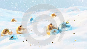 Christmas colorful baubles decorated glitters on snow landscape. 3D render