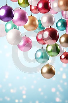 Christmas colorful baubles hanging on pastel with sparkle background vertical