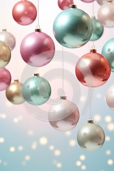 Christmas colorful baubles hanging on pastel with sparkle background vertical