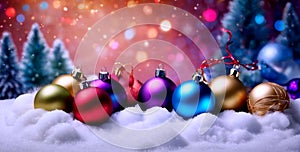 Christmas colorful baubles on snow abstract space with light background