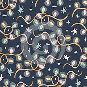 Christmas colorful lights garlands and stars watercolor seamless pattern on dark background