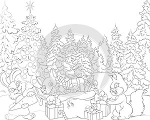 Christmas coloring book for children and adults with cute animals and a bag of gifts on the background of the winter forest