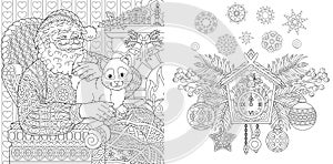 Christmas coloring book. Christmas colouring pages. Santa Claus with a cat in vintage style. New Year background. Xmas ornaments