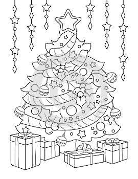 Christmas coloring page, Adult coloring page, Christmas tree