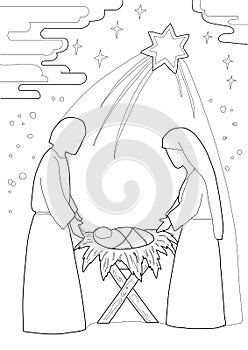 Christmas. Coloring page with baby Jesus, Mary Joseph, three wise men. Black and white