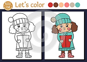 Christmas coloring page for children. Cute funny girl in warm clothes with gift box. Vector winter holiday outline illustration.