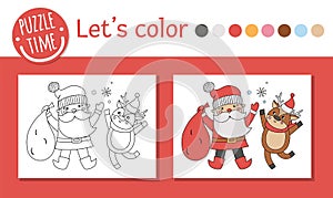 Christmas coloring page for children. Funny Santa Claus with deer. Vector winter holiday outline illustration with Santa and