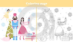 Christmas coloring page with cute nutcracker character and ballerina, flying fairy with wand, xmas tree and presents