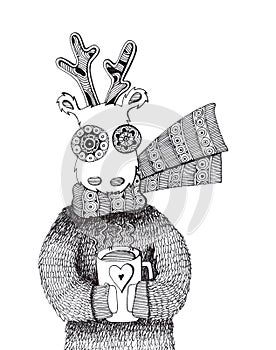 Christmas coloring page with handrawing deer warm cup. Design for invitations, prints, greeting cards, posters. Outline template.