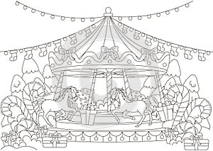Christmas coloring page with merry-go carousel with christmas decorations and trees for kids and adults