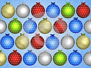 Christmas coloured baubles on blue