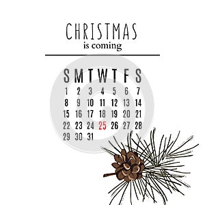 Christmas is coming decoration with countdown days calendar, pine cone and fir branch. Modern minimal Christmas design