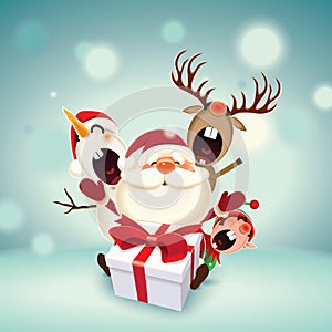 Christmas companions-Santa Claus,Reindeer,Snowman and Elf with gift box isolated on a blue sparkle background