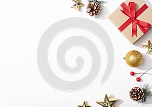 Christmas composition background with decorations and gift boxe on white background. winter, new year concept. Flat lay, top view